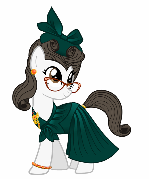 Size: 1280x1536 | Tagged: safe, artist:mylittlepastafarian, derpibooru import, raven, writing desk, earth pony, pony, unicorn, bracelet, clothes, dress, ear piercing, earring, female, glasses, green dress, hat, image, jewelry, jpeg, makeover, mare, piercing, pillbox hat