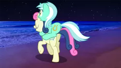 Size: 1366x768 | Tagged: safe, artist:mundschenk85, derpibooru import, edit, bon bon, lyra heartstrings, sweetie drops, earth pony, pony, unicorn, beach, eyes closed, female, image, lesbian, lyra riding bon bon, lyrabon, night, open mouth, png, ponies riding ponies, riding, shipping, smiling, starry sky, stars, underhoof