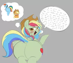 Size: 2428x2107 | Tagged: safe, artist:taurson, author:bigonionbean, derpibooru import, applejack, rainbow dash, oc, oc:zap-apple jam, earth pony, pegasus, pony, blushing, butt, commissioner:bigonionbean, cowboy hat, cutie mark, dialogue, extra thicc, eyeroll, female, flank, freckles, fusion, fusion:zap-apple jam, hat, image, large butt, mare, plot, png, shaking, snorting, stetson, taunting, the ass was fat, thought bubble, unamused
