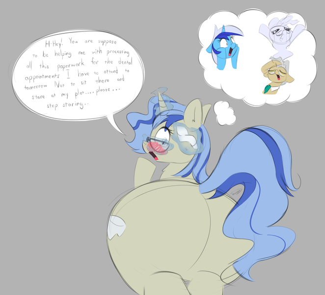 Size: 2300x2086 | Tagged: safe, artist:taurson, author:bigonionbean, derpibooru import, mayor mare, minuette, oc, oc:dental authority, earth pony, ghost, pony, undead, unicorn, blushing, blushing profusely, butt, cloth, collar, commissioner:bigonionbean, cutie mark, dialogue, embarrassed, extra thicc, female, flank, fusion, fusion:dental authority, glasses, image, large butt, magic, mare, passed out, plot, png, sweat, thought bubble