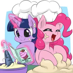 Size: 1000x1000 | Tagged: safe, artist:dendollae, derpibooru import, pinkie pie, twilight sparkle, alicorn, earth pony, pony, baking, book, bowl, chef's hat, cooking, cute, dough, eyes closed, female, hat, image, kneading, magic, mare, mixing, open mouth, open smile, png, smiling, telekinesis