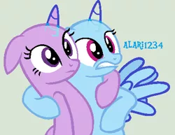 Size: 422x326 | Tagged: safe, artist:alari1234-bases, derpibooru import, oc, unofficial characters only, alicorn, pony, unicorn, hurricane fluttershy, alicorn oc, bald, base, bust, eyelashes, female, frown, gray background, horn, image, mare, png, shocked, side hug, simple background, unicorn oc, wings