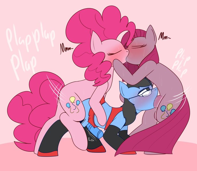 Size: 1808x1576 | Tagged: explicit, artist:mr. rottson, derpibooru import, pinkamena diane pie, pinkie pie, oc, oc:tinker doo, pony, unicorn, anal, blowjob, blushing, canon x oc, clothes, crossdressing, duality, eyes closed, futa, futa on male, futa pinkamena diane pie, futa pinkie pie, glasses, group sex, image, intersex, jpeg, kissing, male, muffled moaning, nudity, oral, penetration, penis, pinkiemena, self ponidox, selfcest, sex, shipping, skirt, spitroast, sweat, threesome