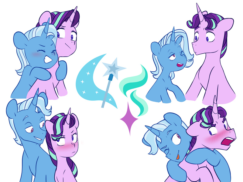 Size: 6000x4500 | Tagged: safe, artist:chub-wub, derpibooru import, starlight glimmer, trixie, pony, unicorn, absurd resolution, blushing, female, gay, half r63 shipping, image, jpeg, lesbian, male, mare, rule 63, shipping, simple background, stallion, startrist, startrix, stellar gleam, straight, tristan, tristgleam, trixgleam, white background