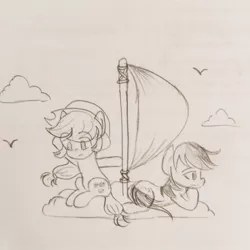 Size: 1280x1279 | Tagged: safe, artist:snowzaaah, derpibooru import, applejack, rainbow dash, earth pony, pegasus, pony, appledash, appledashdailydoodles, cloud, doodle, female, image, jpeg, lesbian, monochrome, on a cloud, pencil drawing, shipping, sketch, traditional art