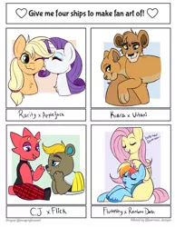 Size: 1000x1294 | Tagged: safe, artist:lulubell, derpibooru import, applejack, fluttershy, rainbow dash, rarity, animal crossing, cj, crossover, female, flick, flutterdash, four ships fanart, image, kiara, lesbian, png, rarijack, shipping, the lion king, vitani