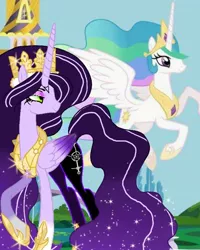 Size: 768x960 | Tagged: safe, artist:_goddesskatie_, derpibooru import, princess celestia, oc, alicorn, pony, alicorn oc, bedroom eyes, crown, duo, ethereal mane, eyelashes, female, hoof shoes, horn, image, jewelry, jpeg, looking back, mare, peytral, raised hoof, regalia, starry mane, wings