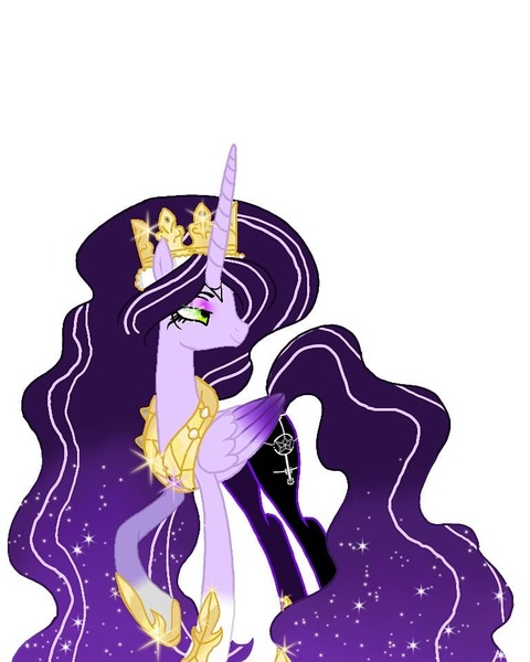 Size: 768x960 | Tagged: safe, alternate version, artist:_goddesskatie_, derpibooru import, oc, alicorn, pony, alicorn oc, background removed, bedroom eyes, crown, ethereal mane, eyelashes, female, hoof shoes, horn, image, jewelry, jpeg, looking back, mare, peytral, raised hoof, regalia, simple background, solo, starry mane, white background, wings