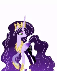 Size: 768x960 | Tagged: safe, alternate version, artist:_goddesskatie_, derpibooru import, oc, alicorn, pony, alicorn oc, background removed, bedroom eyes, crown, ethereal mane, eyelashes, female, hoof shoes, horn, image, jewelry, jpeg, looking back, mare, peytral, raised hoof, regalia, simple background, solo, starry mane, white background, wings