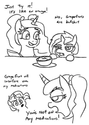 Size: 705x988 | Tagged: safe, artist:jargon scott, derpibooru import, oc, oc:dyxkrieg, oc:syx, unofficial characters only, alicorn, pony, alicorn oc, black and white, duo, female, filly, food, grapefruit, grayscale, horn, image, magical lesbian spawn, monochrome, offspring, parent:oc:dyx, parent:oc:luftkrieg, parents:oc x oc, png, simple background, sketch, white background, wingding eyes, wings