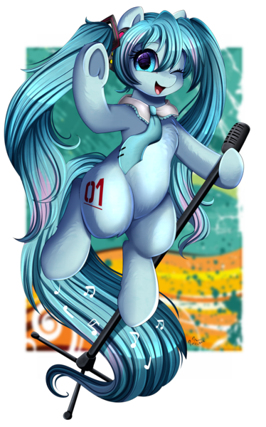 Size: 2187x3509 | Tagged: safe, artist:pridark, derpibooru import, kotobukiya, ponified, earth pony, pony, anime, female, frog (hoof), hatsune miku, image, looking at you, mare, microphone, open mouth, png, simple background, smiling, smiling at you, solo, that was fast, transparent background, underhoof