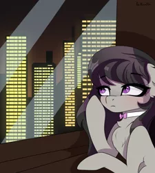 Size: 1800x2000 | Tagged: safe, artist:lullam0on, derpibooru import, octavia melody, earth pony, pony, blushing, chest fluff, city, cityscape, female, hoof on cheek, image, mare, night, png, signature, solo, tired, window