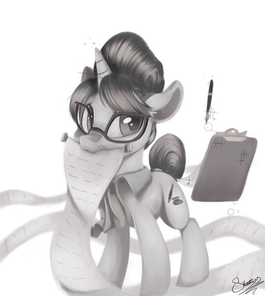 Size: 1024x1144 | Tagged: safe, artist:sketchiix3, derpibooru import, raven, pony, unicorn, checklist, clipboard, fountain pen, glasses, grayscale, hair bun, image, jpeg, looking at you, monochrome, necktie, scroll, secretary, simple background, white background