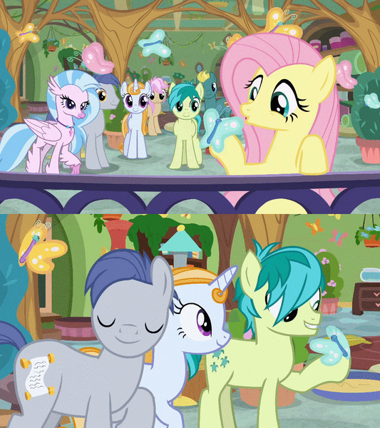 Size: 860x968 | Tagged: safe, derpibooru import, screencap, fluttershy, sandbar, silverstream, butterfly, earth pony, insect, pegasus, marks for effort, friendship student, image, jpeg, male