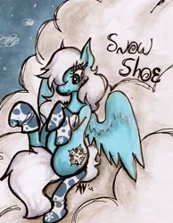 Size: 472x608 | Tagged: safe, artist:supah-panda, derpibooru import, oc, oc:snowshoe, unofficial characters only, pegasus, pony, clothes, cloud, female, image, jpeg, lying down, lying on a cloud, mare, on a cloud, socks, solo, traditional art