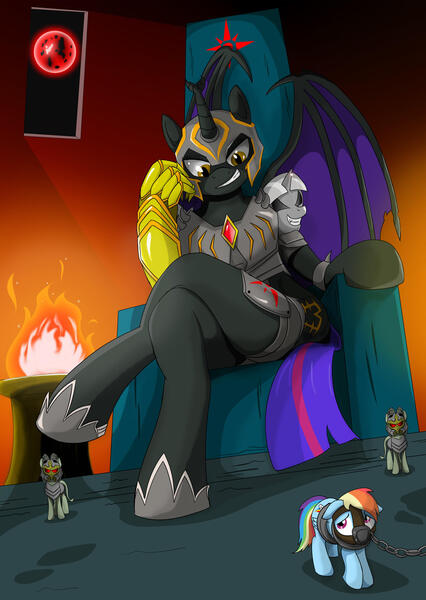 Size: 1920x2702 | Tagged: grimdark, artist:cactuscowboydan, derpibooru import, oc, oc:fallenlight, anthro, pegasus, bondage, chains, collar, evil, evil grin, fire, gauntlet, grin, image, jpeg, slavery, smiling, throne room, villainess