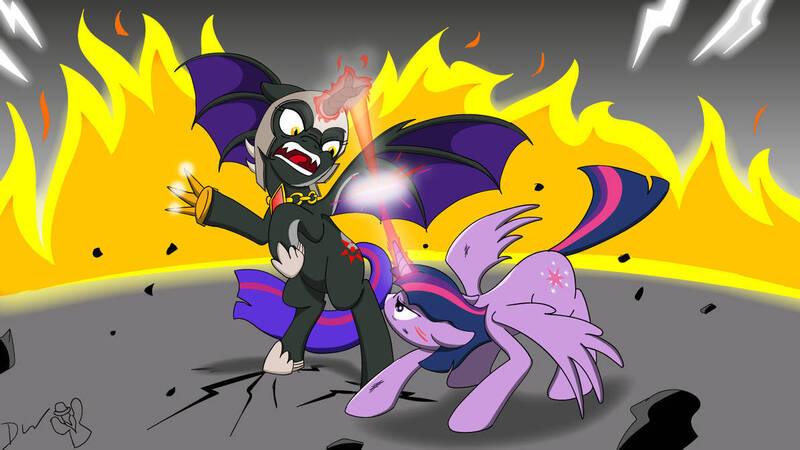 Size: 1192x670 | Tagged: safe, artist:cactuscowboydan, derpibooru import, twilight sparkle, oc, oc:fallenlight, alicorn, magic duel, evil, fight, fire, image, jpeg, twilight sparkle (alicorn), villainess