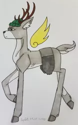 Size: 2459x3911 | Tagged: safe, artist:agdapl, derpibooru import, deer, pegadeer, clothes, crossover, deerified, demoman, floating wings, hat, image, jpeg, male, signature, solo, species swap, team fortress 2, traditional art, wings