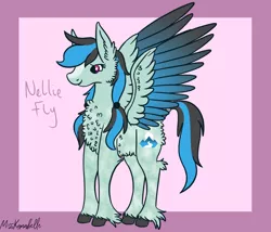 Size: 1750x1500 | Tagged: safe, artist:misskanabelle, derpibooru import, oc, unofficial characters only, pegasus, pony, abstract background, chest fluff, ear fluff, female, image, magical lesbian spawn, mare, offspring, parent:daring do, parent:rainbow dash, parents:daringdash, pegasus oc, png, signature, solo, two toned wings, unshorn fetlocks, wings