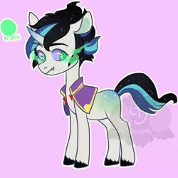 Size: 500x500 | Tagged: safe, artist:lavvythejackalope, derpibooru import, oc, unofficial characters only, pony, unicorn, clothes, horn, image, magical gay spawn, male, offspring, parent:king sombra, parent:shining armor, parents:shiningsombra, pink background, png, simple background, sombra eyes, stallion, unicorn oc, unshorn fetlocks