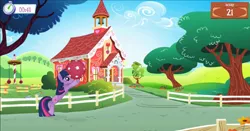 Size: 1906x996 | Tagged: safe, derpibooru import, twilight sparkle, pony, unicorn, app, ball, clock, game, gameloft, image, jumping, minigame, mobile game, png, ponyville schoolhouse, sparkles, unicorn twilight