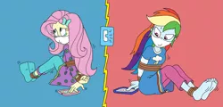 Size: 2361x1134 | Tagged: safe, artist:bugssonicx, derpibooru import, fluttershy, rainbow dash, equestria girls, arm behind back, bondage, bound and gagged, cloth gag, crying, duo, duo female, female, gag, image, mobile phone, phone, phone call, png, rope, rope bondage, squirming, sweat, sweatdrop, teary eyes, tied up