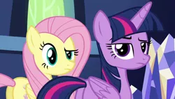 Size: 1280x720 | Tagged: safe, derpibooru import, screencap, fluttershy, twilight sparkle, twilight sparkle (alicorn), alicorn, pony, flutter brutter, season 6, butt, duo, duo female, female, flutterbutt, image, mare, plot, png, raised eyebrow, twibutt, twilight is not amused, unamused