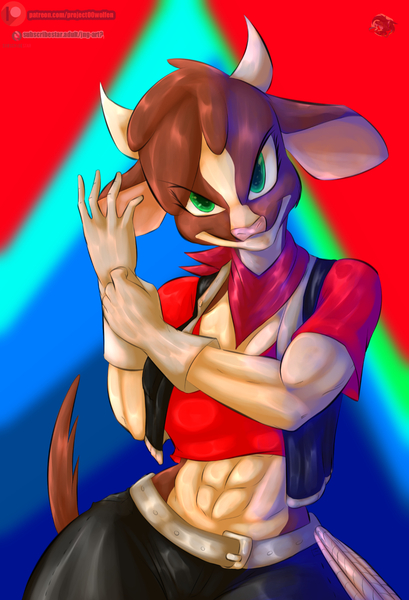 Size: 1066x1564 | Tagged: safe, artist:project00wolfen, derpibooru import, arizona cow, anthro, them's fightin' herds, abs, abstract background, belt, clothes, community related, female, gloves, image, jpeg, lasso, midriff, muscles, muscular female, neckerchief, pants, rope, shirt, smiling, smirk, solo, vest