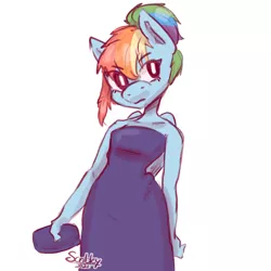 Size: 2048x2048 | Tagged: safe, artist:scribleydoodles, derpibooru import, rainbow dash, anthro, pegasus, alternate hairstyle, clothes, cute, dashabetes, dress, female, image, png, purse, simple background, solo, white background