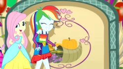 Size: 3410x1920 | Tagged: safe, derpibooru import, screencap, fluttershy, rainbow dash, twilight sparkle, a photo booth story, eqg summertime shorts, equestria girls, bare shoulders, belt, clothes, cute, cutie mark, cutie mark on clothes, dashabetes, eyes closed, fall formal outfits, female, grin, image, jpeg, offscreen character, open mouth, shyabetes, sleeveless, smiling, strapless