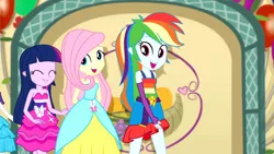 Size: 3410x1920 | Tagged: safe, derpibooru import, screencap, fluttershy, rainbow dash, rarity, twilight sparkle, a photo booth story, eqg summertime shorts, equestria girls, bare shoulders, belt, bracelet, clothes, cute, cutie mark, cutie mark on clothes, dashabetes, eyes closed, fall formal outfits, female, grin, image, jewelry, jpeg, offscreen character, open mouth, shyabetes, sleeveless, smiling, strapless, twiabetes