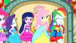 Size: 3410x1920 | Tagged: safe, derpibooru import, screencap, fluttershy, pinkie pie, rainbow dash, rarity, twilight sparkle, a photo booth story, eqg summertime shorts, equestria girls, bare shoulders, belt, bracelet, clothes, cute, cutie mark, cutie mark on clothes, dashabetes, eyes closed, fall formal outfits, female, grin, image, jewelry, jpeg, offscreen character, open mouth, shyabetes, sleeveless, smiling, strapless, twiabetes