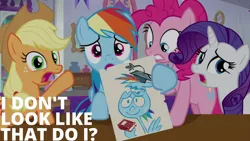 Size: 1280x720 | Tagged: safe, derpibooru import, edit, edited screencap, editor:quoterific, screencap, applejack, pinkie pie, rainbow dash, rarity, earth pony, pegasus, pony, unicorn, school daze, season 8, spoiler:s08, applejack's hat, book, cowboy hat, egghead dash, female, hat, image, jpeg, mare, open mouth, professor egghead, reference, spongebob reference, spongebob squarepants