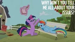 Size: 1280x720 | Tagged: safe, derpibooru import, edit, edited screencap, editor:quoterific, screencap, rainbow dash, twilight sparkle, pegasus, pony, unicorn, lesson zero, season 2, apple, bench, duo, duo female, eyes closed, female, food, glasses, image, issues, jpeg, magic, mare, telekinesis, tree, unicorn twilight