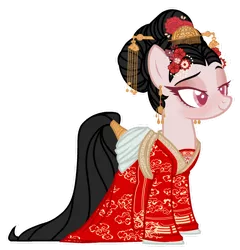 Size: 1280x1332 | Tagged: safe, artist:kellysweet1, derpibooru import, oc, earth pony, bell, black hair, clothes, comb, ear piercing, earring, earth pony oc, geisha, hair ornament, image, jewelry, kanzashi, kimono (clothing), makeup, piercing, pink eyes, png, simple background, tail wrap, transparent background