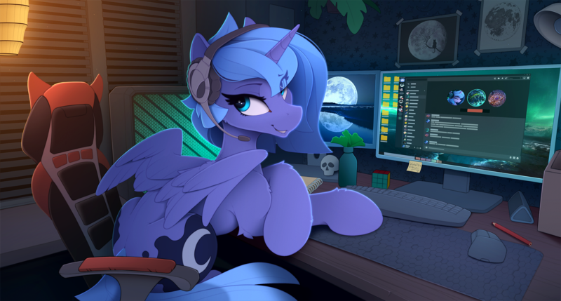 Size: 2540x1362 | Tagged: safe, artist:yakovlev-vad, derpibooru import, princess luna, alicorn, pony, gamer luna, chair, computer, computer chair, computer monitor, computer screen, female, headset, image, looking at you, looking back, looking back at you, mare, open mouth, png, s1 luna, solo