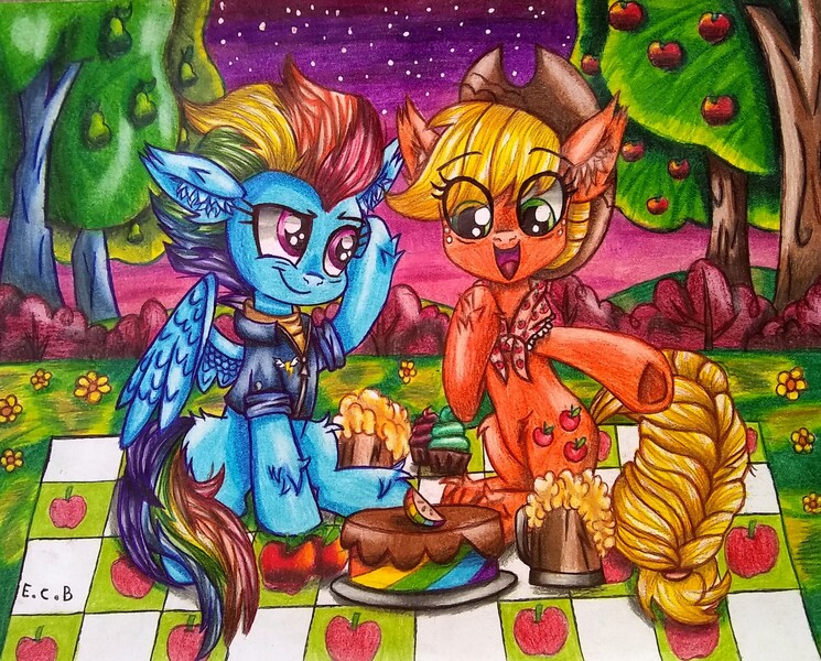 Size: 2659x2141 | Tagged: safe, artist:estrellasombria, derpibooru import, applejack, rainbow dash, earth pony, pegasus, pony, apple, apple tree, appledash, braided tail, bush, cider, cider mug, colored pencil drawing, complex background, cupcake, dusk, ear fluff, female, fetlock tuft, flower, food, grass, hair over one eye, hoof on chest, hoof on head, image, jpeg, lesbian, looking at someone, mug, night, older, older applejack, older rainbow dash, open mouth, outdoors, pear, pear tree, picnic, picnic blanket, shipping, sitting, smiling, smirk, starry night, traditional art, tree, zap apple, zap apple cake