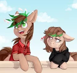 Size: 1450x1378 | Tagged: safe, artist:fraxus, artist:ilovefraxus, derpibooru import, earth pony, pony, commission, commission open, ear fluff, fluffy, girlfriend, happy, image, love, male, my little pony, outdoor activities, outdoors, png, shipping, smiling, ych result