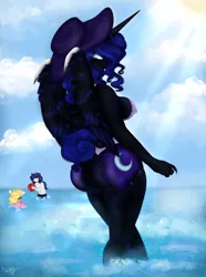 Size: 2178x2930 | Tagged: suggestive, artist:synthsparkle, derpibooru import, oc, oc:balzacseilwarfky, oc:wendysparkle, alicorn, anthro, human, ass, bikini, breasts, butt, clothes, female, image, male, mother and child, mother and daughter, mother and son, ocean, png, sexy, sun, swimsuit