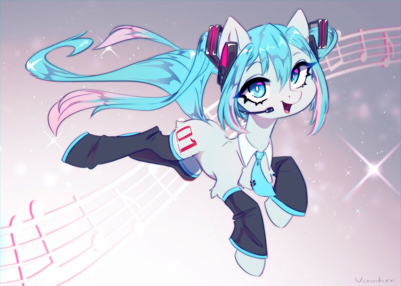 Size: 4096x2926 | Tagged: safe, artist:vincher, derpibooru import, ponified, earth pony, pony, anime, clothes, hatsune miku, headset, image, jpeg, looking at you, sketch, smiling, solo