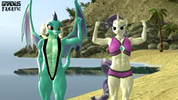 Size: 3413x1920 | Tagged: suggestive, artist:gradiusfanatic, derpibooru import, princess ember, rarity, anthro, dragon, unicorn, 3d, beach, belly button, bikini, breasts, clothes, dragoness, female, image, lizard breasts, png, sling bikini, source filmmaker, swimsuit