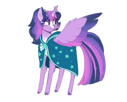 Size: 2492x2000 | Tagged: safe, artist:scarletskitty12, derpibooru import, twilight sparkle, twilight sparkle (alicorn), alicorn, pony, blaze (coat marking), cloak, clothes, colored wings, colored wingtips, ethereal mane, female, image, implied twiburst, mare, multicolored wings, png, simple background, solo, spread wings, starry mane, sunburst's cloak, transparent background, wings