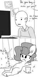 Size: 3000x6000 | Tagged: safe, artist:tjpones, derpibooru import, oc, oc:brownie bun, oc:richard, unofficial characters only, earth pony, human, pony, horse wife, belly button, black and white, comic, computer, drink, female, grass, grayscale, high res, hooves behind head, horses doing horse things, image, lidded eyes, lying down, male, mare, monochrome, mouth hold, offscreen character, on back, png, toothpick