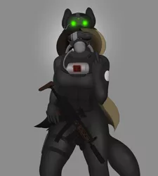 Size: 2700x3000 | Tagged: suggestive, artist:a_friendly_guest, derpibooru import, oc, oc:chocolate fudge, anthro, ammo belt, fluffy, gas mask, goggles, gun, image, latex, looking at you, mask, middle finger, night vision goggles, png, rubber, solo, vulgar, weapon