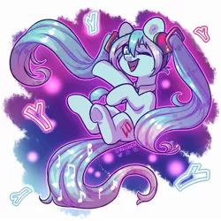 Size: 2000x2000 | Tagged: safe, artist:ak4neh, derpibooru import, ponified, pony, anime, eyes closed, hatsune miku, headphones, image, jpeg, looking at you, necktie, one eye closed, open mouth