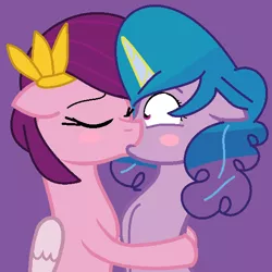 Size: 578x579 | Tagged: safe, artist:blitsazalisdash, artist:jadethepegasus, derpibooru import, izzy moonbow, pipp petals, pegasus, pony, unicorn, base used, blushing, eyes closed, female, french kiss, g5, hug, image, izzypipp, kissing, lesbian, mare, png, purple background, shipping, simple background, surprise kiss, surprised