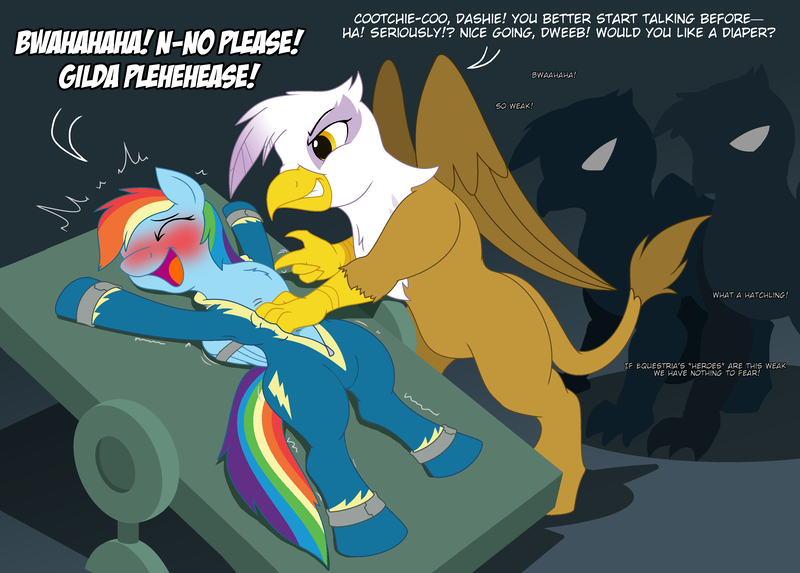 Size: 4000x2865 | Tagged: suggestive, artist:yipthecoyotepup, derpibooru import, edit, gilda, rainbow dash, gryphon, pegasus, pony, blushing, blushing profusely, bondage, bound wings, chest fluff, clothes, cuffs, evil grin, eyes closed, grin, image, laughing, open mouth, png, silhouette, smiling, tickle torture, tickling, uniform, wings, wonderbolts uniform