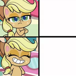 Size: 1300x1300 | Tagged: safe, derpibooru import, edit, edited screencap, screencap, applejack, earth pony, pony, how applejack got her hat back, my little pony: pony life, superb six, spoiler:pony life s01e04, spoiler:pony life s01e23, amused, applejack is not amused, applejack's hat, bipedal, cowboy hat, crossed arms, eyes closed, female, grin, gritted teeth, hat, hotline bling, image, jpeg, meme, smiling, solo, teeth, template, unamused