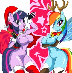 Size: 2688x2696 | Tagged: suggestive, artist:ninjaspartankx5, edit, editor:drtoughlove, rainbow dash, twilight sparkle, anthro, abs, antlers, barbie doll anatomy, bell, breasts, busty rainbow dash, busty twilight sparkle, christmas, cleavage, clothes, costume, crossed arms, female, holiday, image, nude edit, nudity, png, reindeer antlers, santa costume, santa sack, sexy, sexy santa costume