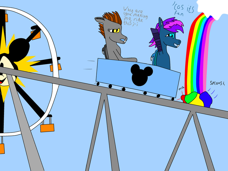 Size: 3264x2448 | Tagged: safe, artist:bluebatbirb, derpibooru import, oc, oc:devin, clothes, cloud, disneyland, ferris wheel, happy, image, jpeg, mickey mouse, rainbow, roller coaster, scared, socks